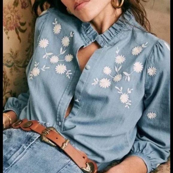 Sezane Blue Blouse with White Floral Embroidery - Picture 2 of 10